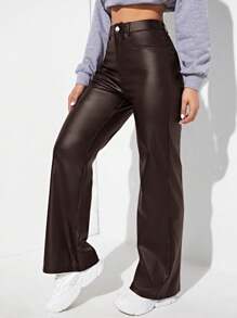 Women’s Brown PU Leather Straight Leg Pants – High Waist Loose Fit Pocket Trousers