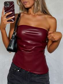 Burgundy Faux Leather One-Shoulder Top with Gold Ring, Ruched Asymmetric Party Blouse (Copy)