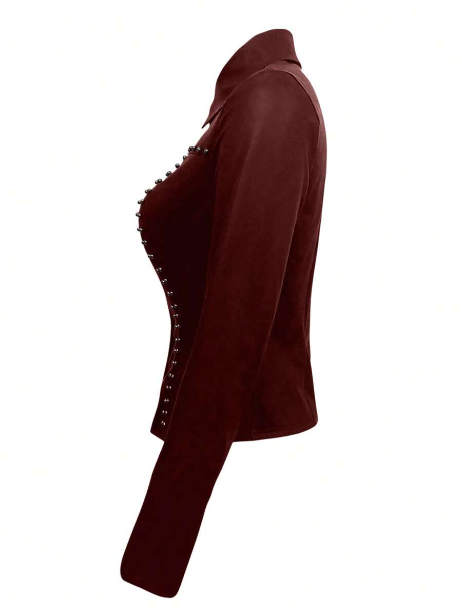 Women Standard Size Studded Long Sleeve Faux Leather Blouse 6