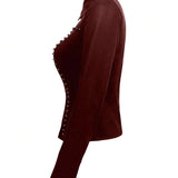 Women Standard Size Studded Long Sleeve Faux Leather Blouse