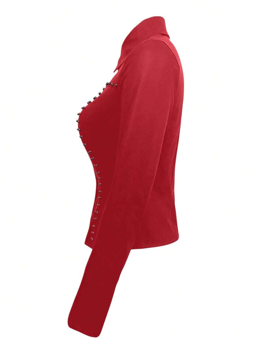 Women Standard Size Studded Long Sleeve Faux Leather Blouse 8