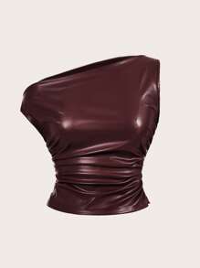 One-Shoulder Faux Leather Top, Burgundy or Black Ruched Asymmetrical Party Blouse
