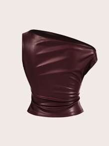 One-Shoulder Faux Leather Top, Burgundy or Black Ruched Asymmetrical Party Blouse