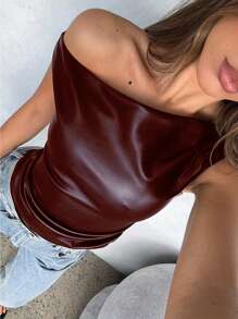 One-Shoulder Faux Leather Top, Burgundy or Black Ruched Asymmetrical Party Blouse