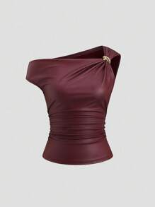 Front view of a burgundy faux leather one-shoulder top with gold ring accent, asymmetric neckline, and ruched fitted waist.