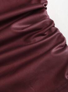 Burgundy Faux Leather One-Shoulder Top with Gold Ring, Ruched Asymmetric Party Blouse