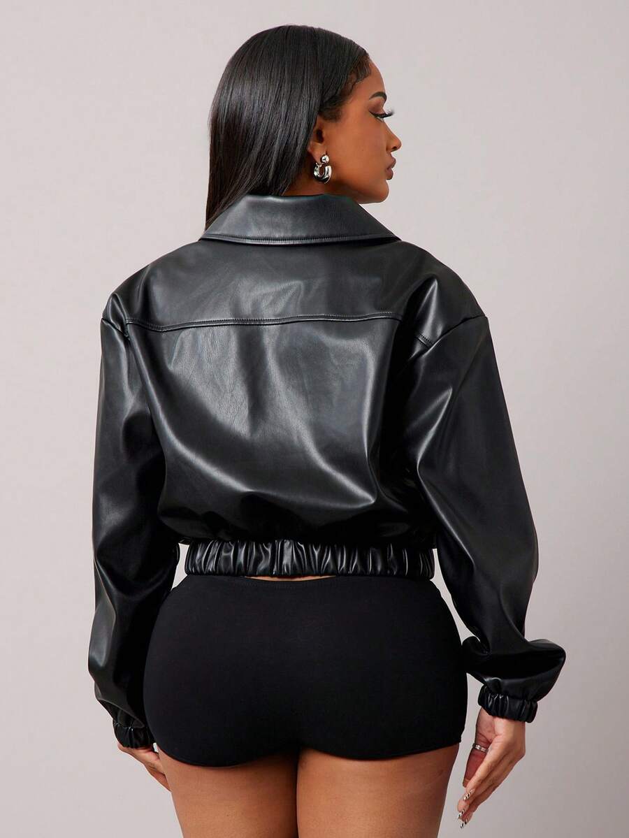 Women's Motorcycle PU Leather Jacket, Loose Fit High-End Black Retro Coat 3