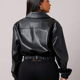 Women's Motorcycle PU Leather Jacket, Loose Fit High-End Black Retro Coat