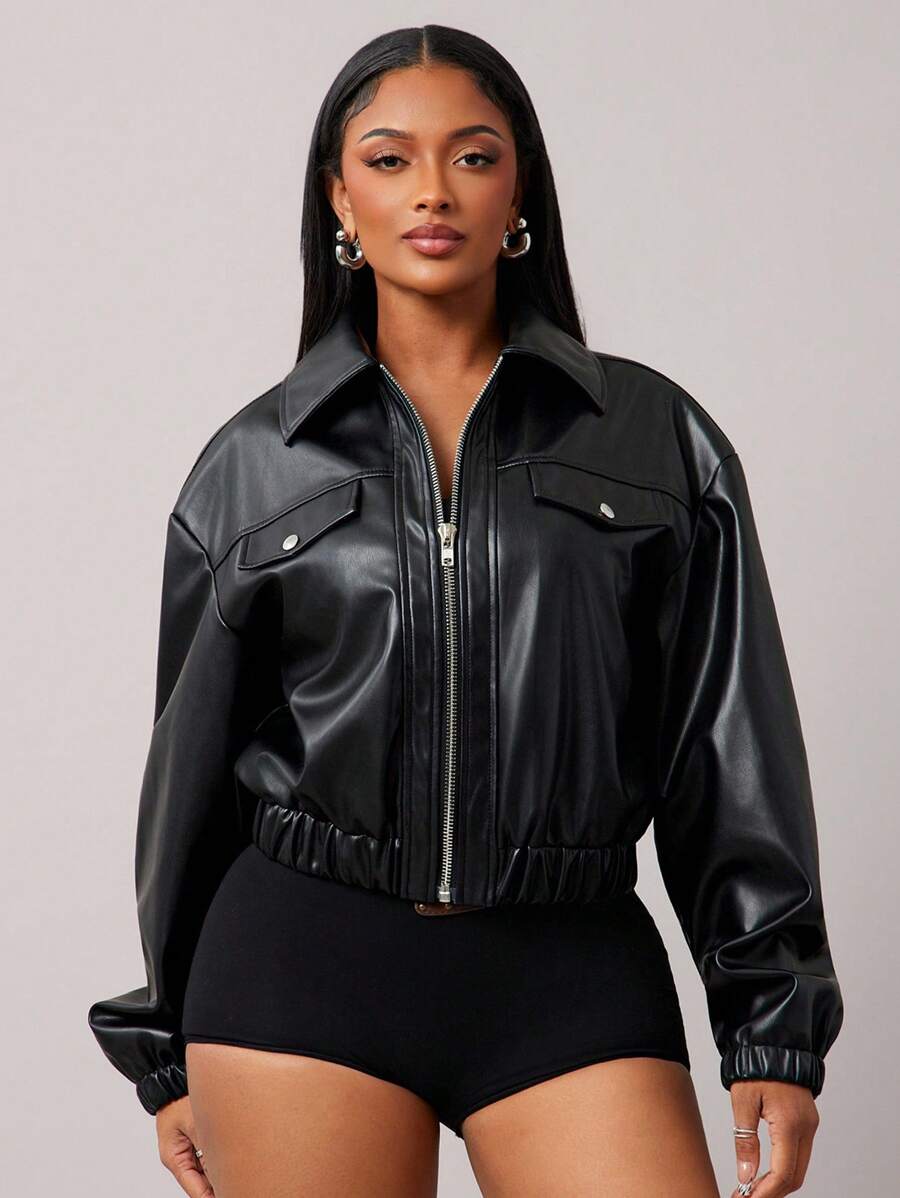 Women's Motorcycle PU Leather Jacket, Loose Fit High-End Black Retro Coat 4