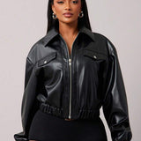 Women's Motorcycle PU Leather Jacket, Loose Fit High-End Black Retro Coat