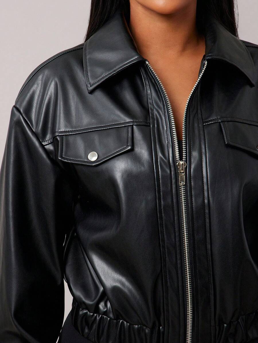 Women's Motorcycle PU Leather Jacket, Loose Fit High-End Black Retro Coat 5