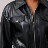 Women's Motorcycle PU Leather Jacket, Loose Fit High-End Black Retro Coat