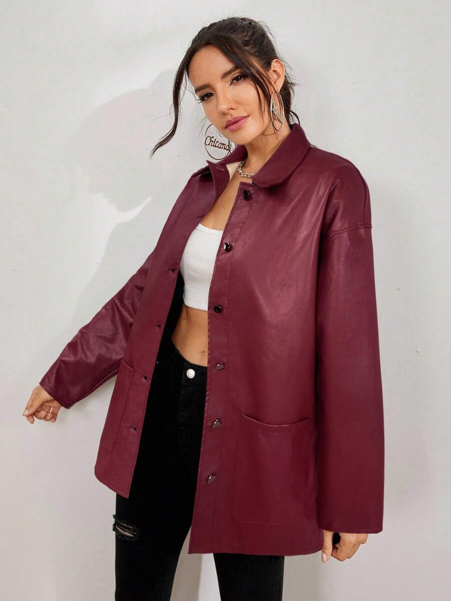 Women's Solid Color Drop Shoulder Long Sleeve Button PU Leather Casual Jacket 5