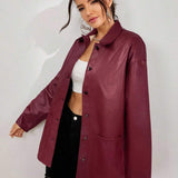 Women's Solid Color Drop Shoulder Long Sleeve Button PU Leather Casual Jacket