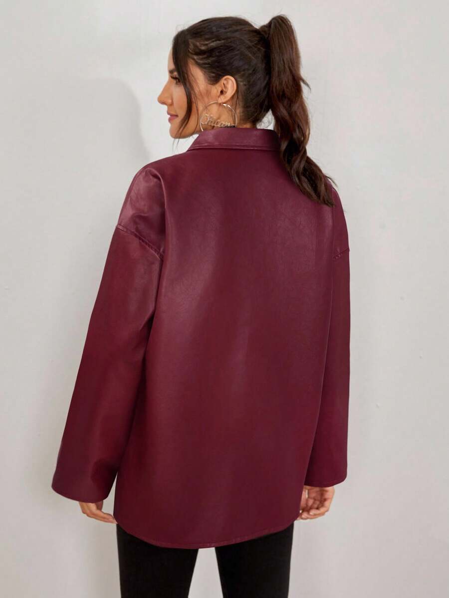 Women's Solid Color Drop Shoulder Long Sleeve Button PU Leather Casual Jacket 4