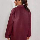 Women's Solid Color Drop Shoulder Long Sleeve Button PU Leather Casual Jacket