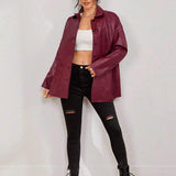 Women's Solid Color Drop Shoulder Long Sleeve Button PU Leather Casual Jacket