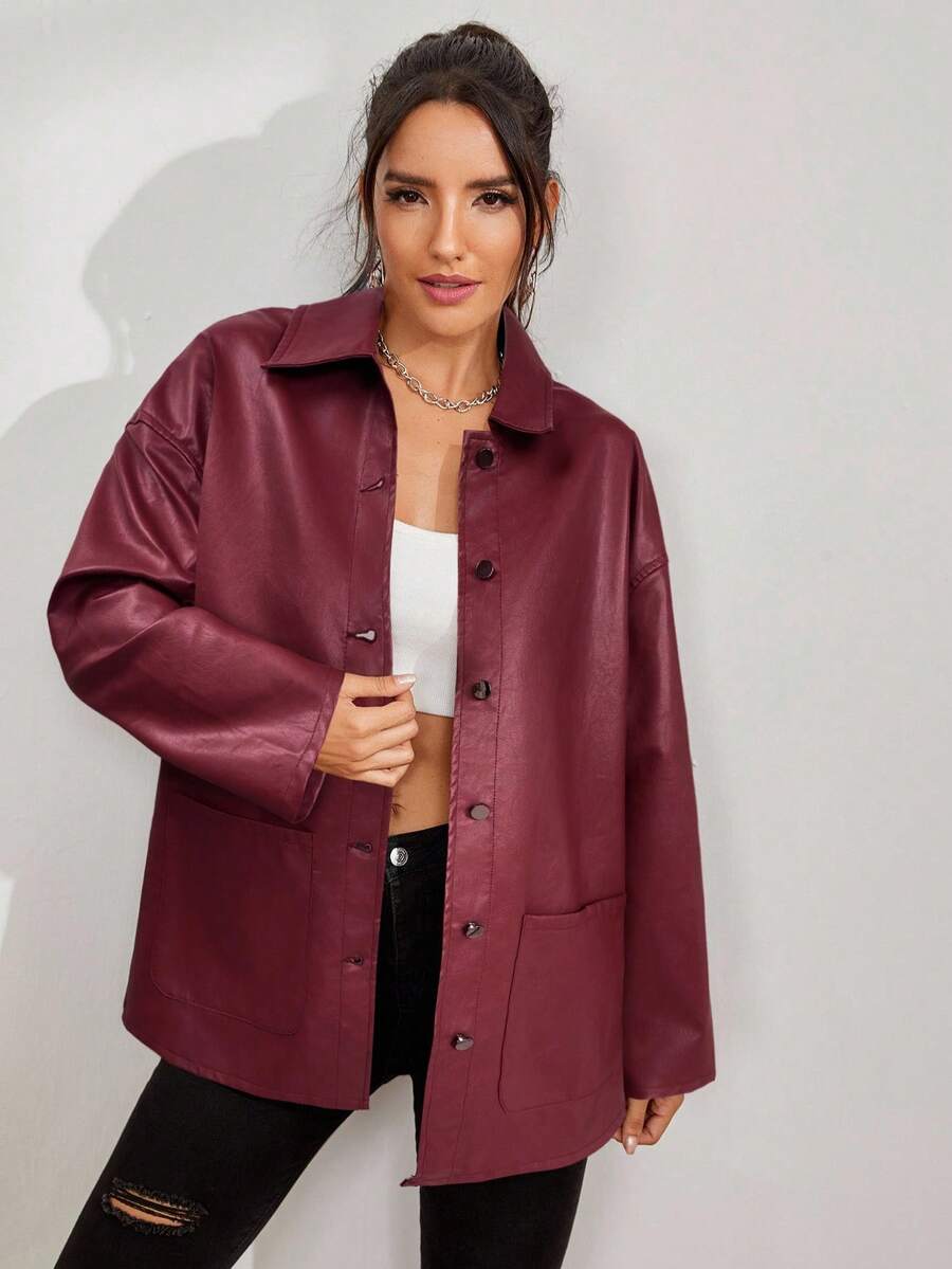 Women's Solid Color Drop Shoulder Long Sleeve Button PU Leather Casual Jacket