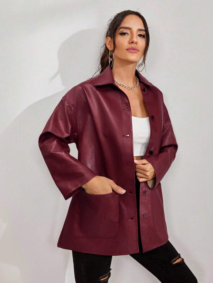 Women's Solid Color Drop Shoulder Long Sleeve Button PU Leather Casual Jacket 3