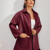 Women's Solid Color Drop Shoulder Long Sleeve Button PU Leather Casual Jacket