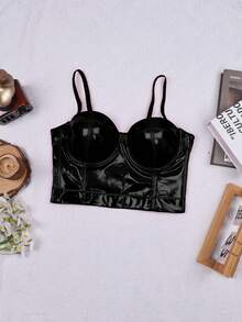 Leather-Feel Cropped Bustier Top, Suitable For Rave Music Festivals Casual Black Summer
