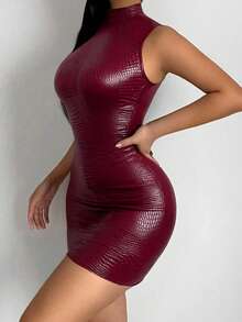 Women’s Burgundy Sleeveless Mock Neck Bodycon Mini Dress with Reptile Texture