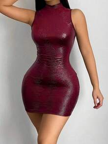Women’s Burgundy Sleeveless Mock Neck Bodycon Mini Dress with Reptile Texture