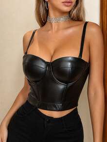 Women’s black faux leather bustier crop top with shaped cups, adjustable straps and structured corset-style panel seams