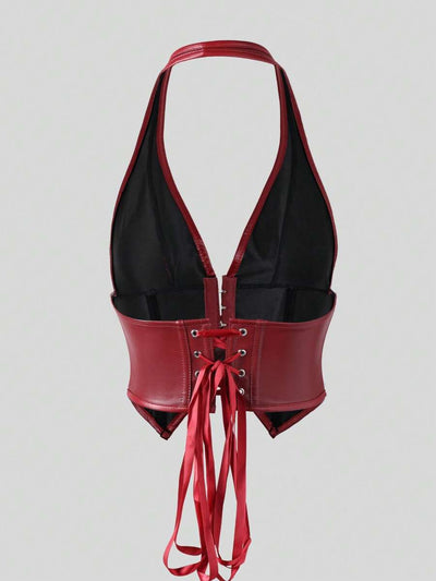 A red faux leather halter-style bustier corset top with a black mesh lining, featuring a lace-up front and long red ties, shown against a light gray background.