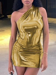 Metallic One-Shoulder Bodycon Mini Dress, Ruched Shiny Party Clubwear for Women in Pakistan