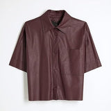Women Short Sleeve Sanp Button Lapel Collar Leather Shirt Jacket