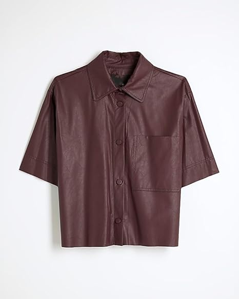 Women Short Sleeve Sanp Button Lapel Collar Leather Shirt Jacket 10