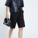 Women Short Sleeve Sanp Button Lapel Collar Leather Shirt Jacket