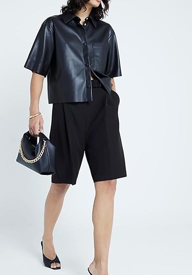 Women Short Sleeve Sanp Button Lapel Collar Leather Shirt Jacket 5