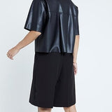 Women Short Sleeve Sanp Button Lapel Collar Leather Shirt Jacket