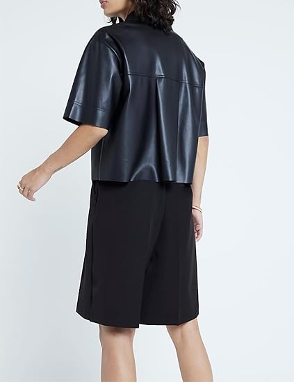 Women Short Sleeve Sanp Button Lapel Collar Leather Shirt Jacket 6