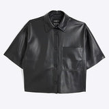 Women Short Sleeve Sanp Button Lapel Collar Leather Shirt Jacket