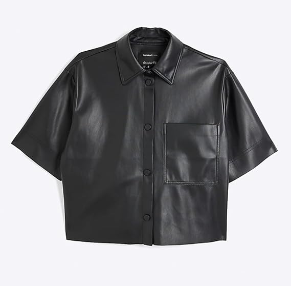 Women Short Sleeve Sanp Button Lapel Collar Leather Shirt Jacket 9