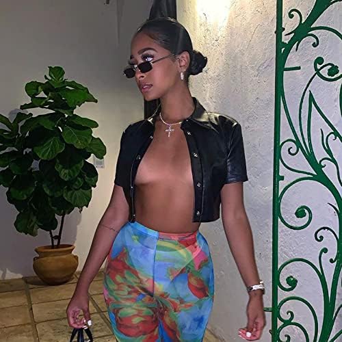 Women's PU Leather Button Down Short Sleeve Crop Top Collar Blouse Shirt 6