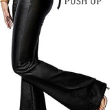 Women's Faux Leather Coated Flare Mid Waist Bell Bottom Pants with Pockets
