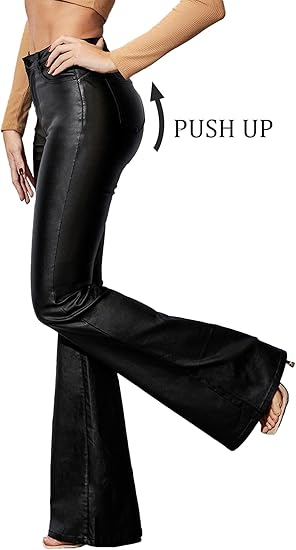 Women's Faux Leather Coated Flare Mid Waist Bell Bottom Pants with Pockets 7