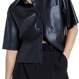 Women Short Sleeve Sanp Button Lapel Collar Leather Shirt Jacket