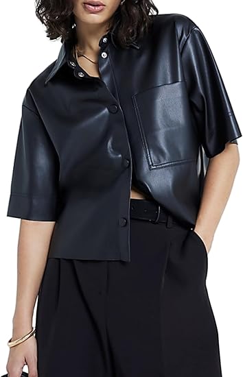Women Short Sleeve Sanp Button Lapel Collar Leather Shirt Jacket 4