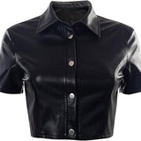 Women's PU Leather Button Down Short Sleeve Crop Top Collar Blouse Shirt
