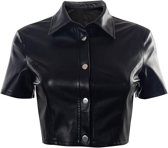 Women's PU Leather Button Down Short Sleeve Crop Top Collar Blouse Shirt 2