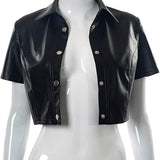 Women's PU Leather Button Down Short Sleeve Crop Top Collar Blouse Shirt