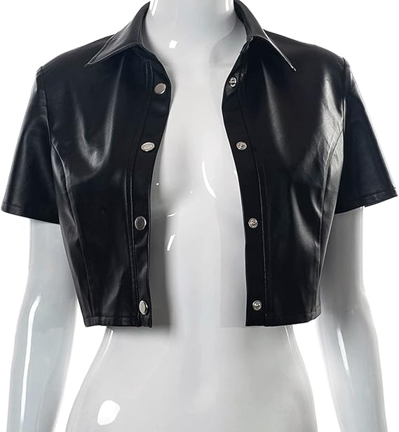 Women's PU Leather Button Down Short Sleeve Crop Top Collar Blouse Shirt 3