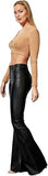 Women's Faux Leather Coated Flare Mid Waist Bell Bottom Pants with Pockets