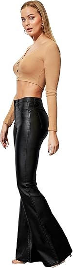 Women's Faux Leather Coated Flare Mid Waist Bell Bottom Pants with Pockets 9