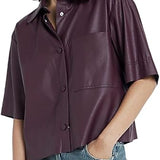 Women Short Sleeve Sanp Button Lapel Collar Leather Shirt Jacket